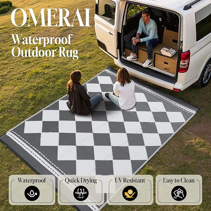 OMERAI Reversible Waterproof Outdoor Rug for Backyard,Plastic Textured Resistant Outdoors Rugs,Portable Washable Easy Cleaning Foldable Camping Beach Carpet for Patio Courtyard, 6'x9' Gray & White