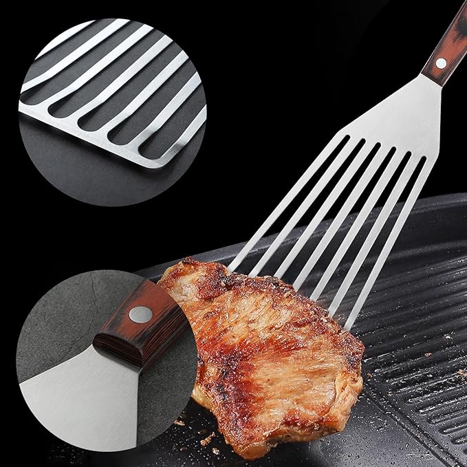 MSY BIGSUNNY Heavy Duty Fish Turner, Stainless Steel Slotted Turner with Pakkawood Handle, 4X13 Inches