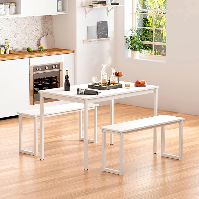 soges 3 PCS Dining Table Set for 4 with 2 Benches, Soho Dining Table and Chairs Set, Industrial Kitchen Table and Chairs Kitchen Breakfast Table Set, Dining Set with Metal Frame, White