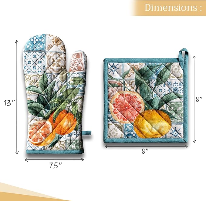 Maison d' Hermine 100% Cotton Oven Mitt & Pot Holder Set (7.5"x13" & 8"x8") Heat Resistant BBQ Cooking Gloves with Loop, Baking, Grilling, Kitchen, Handling Hot Pans Spring/Summer (Agrume)