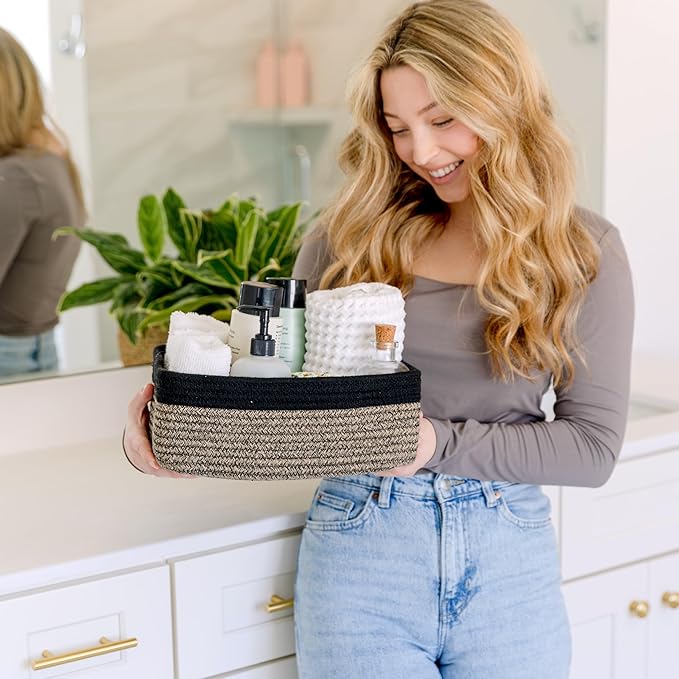 NaturalCozy 11.8"x8"x4.5” Rectangle Storage Baskets for Shelves 3 Pack | Cotton Rope Woven Small Baskets for Organizing | Small Storage Bins for Nursery, Bathroom, Closet, Shelf, Decorative, Gift