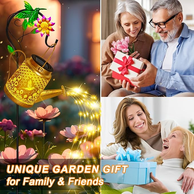 Hummingbird Solar Lanterns Garden Decor, Outdoor Waterproof Watering Can with Shepherd Hook, Solar Garden Decor for Yard Outdoor Landscape Pathway, Gifts for Women Mom Grandma Birthday, Mothers Day