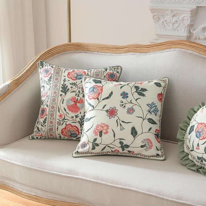 Design Square Retro Elegance Linen Throw Pillow Covers 18"x18" Pack of 2, Green Pink Floral Pattern Cushion Covers Decor Pillowcases for Bed,Living Room,Outdoor,Car