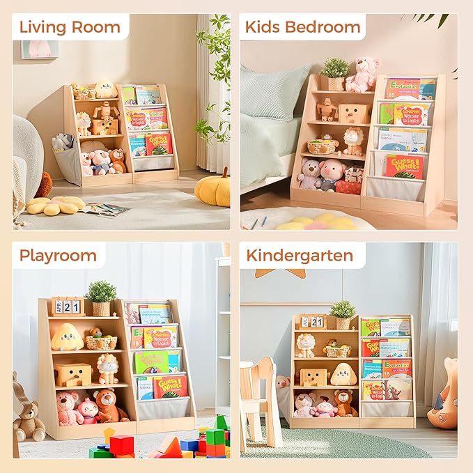 4 Tier Kids Wooden Bookshelf Baby Toddler Bookshelf and Toy Storage Organizer with Four Layer Sling Bookcase for Kids Room Playroom Nursery Classroom