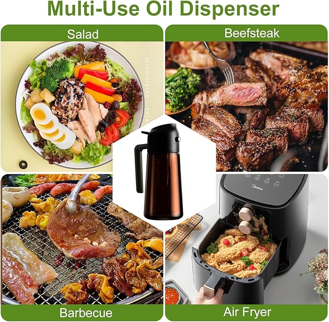 Oil Sprayer for Cooking, 16oz Olive Oil Dispenser Bottle for Kitchen Gadgets, 2 in 1 Adjustable Mist Spray and Precision Pour Spout Dark Brown Bottle with Stickers for Air Fryer, Salad