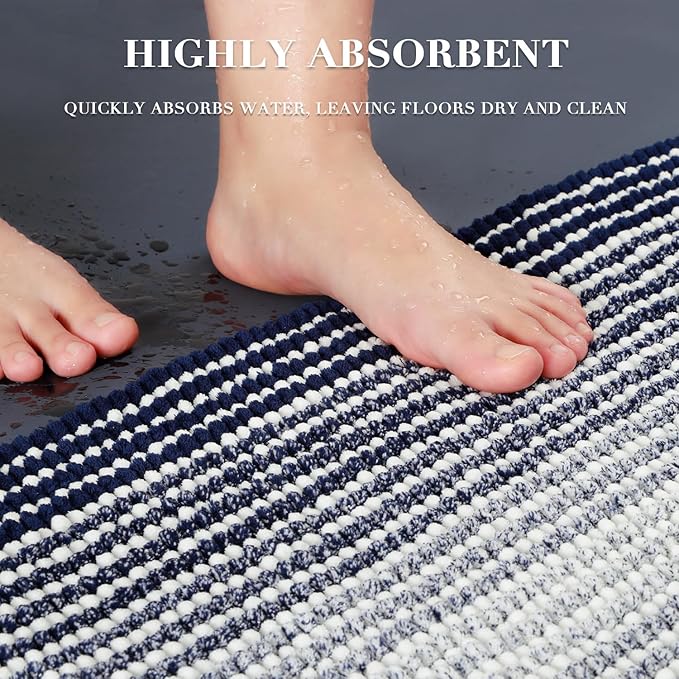 BSICPRO Bathroom Rugs and Mats Sets, 2 Piece Thick Absorbent Chenille Bath Mat Rug Set Non Slip, Soft Shaggy Bath Room Floor Mats for Bathroom, Machine Washable (Navy, 20" x 47" Plus 20" x 32")