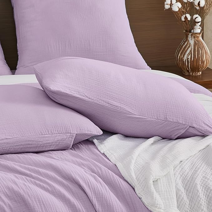 EMME Muslin Cotton Duvet Cover Set Lavender Queen Size Linen Like Soft Breathable Lightweight Summer Comforter Cover Set with Zipper Closure (Lavender, Queen, 90"x90")
