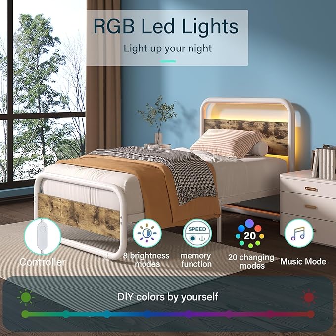 Catrimown Twin Size Bed Frame, Twin Size Platform Bed Frame with LED and Wood Headboard, Metal Rustic Bed Frame with Under Bed Storage, Noise Free, No Box Spring Needed, Easy Assembly, White