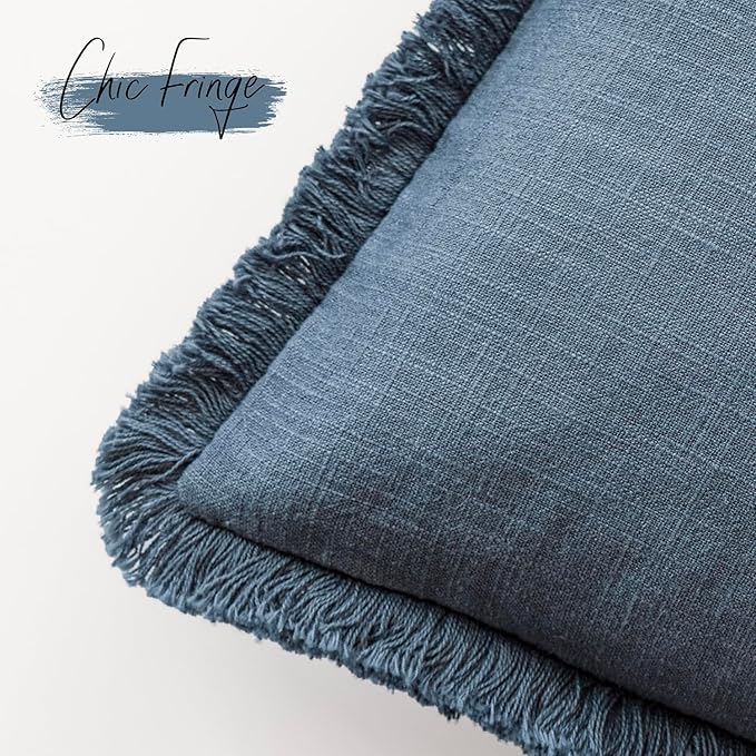 Foindtower Set of 2 Decorative Linen Fringe Throw Pillow Covers Cozy Farmhouse Cushion Cover with Tassels Accent Pillowcase for Couch Chair Sofa Bed Living Room Home Decor,24×24 Inch,Dark Blue