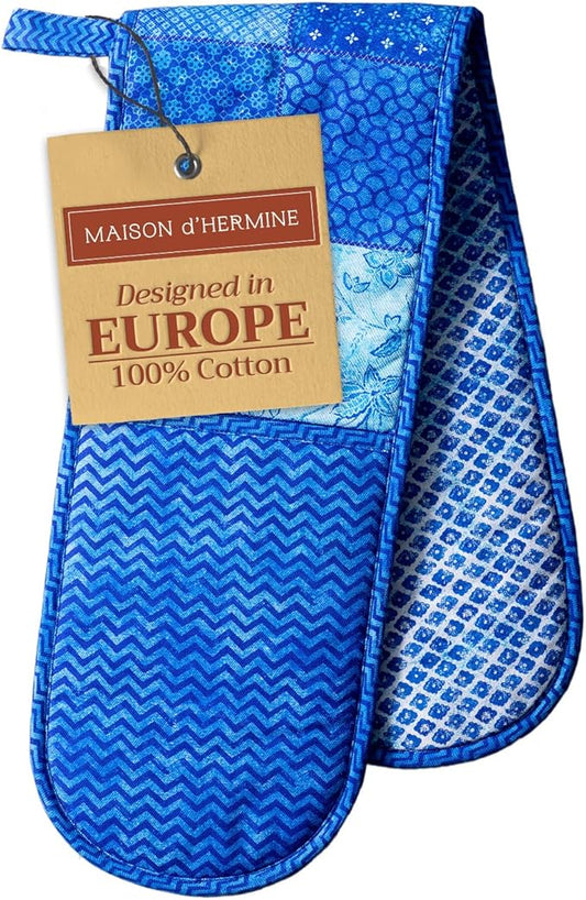 Maison d' Hermine Double Oven Mitts 100% Cotton 7"x35" Double Oven Mitt Heat Resistant BBQ Cooking Gloves with Loop, Baking, Grilling, Home, Kitchen, Handling Hot Pans Spring Summer (Indigo Love)
