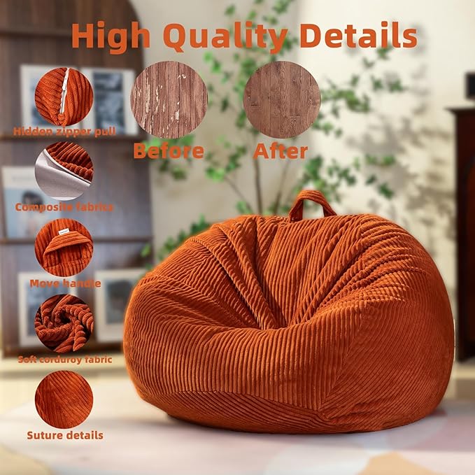 Stuffed Animal Storage Bean Bag Chair Cover, Cover Only (No Filler), Corduroy Toy Organizer Floor Cushion Seat, 48 in/120 cm Slipcover for Teens & Adults, Red