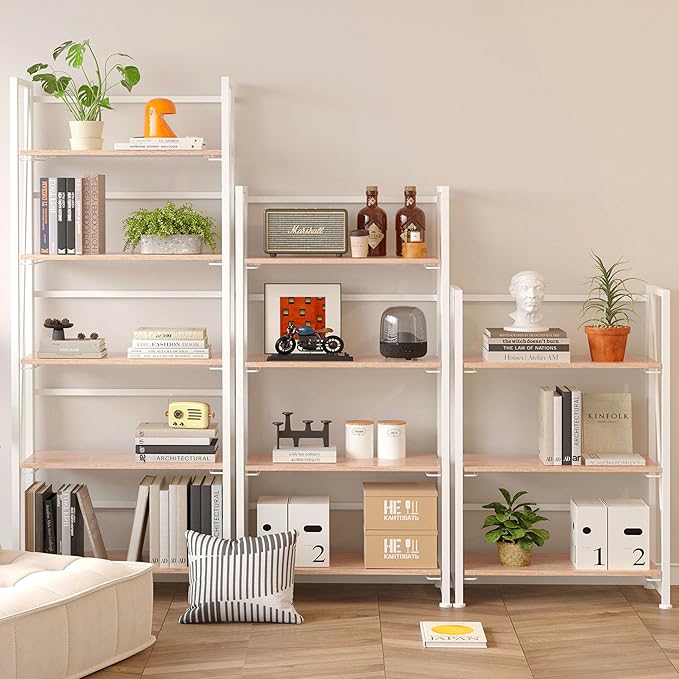 BHG Vintage Multifunctional Folding Bookshelf, No-Assembly Plant Stand Storage Rack Shelves for Home Office (White, 5-Tier)