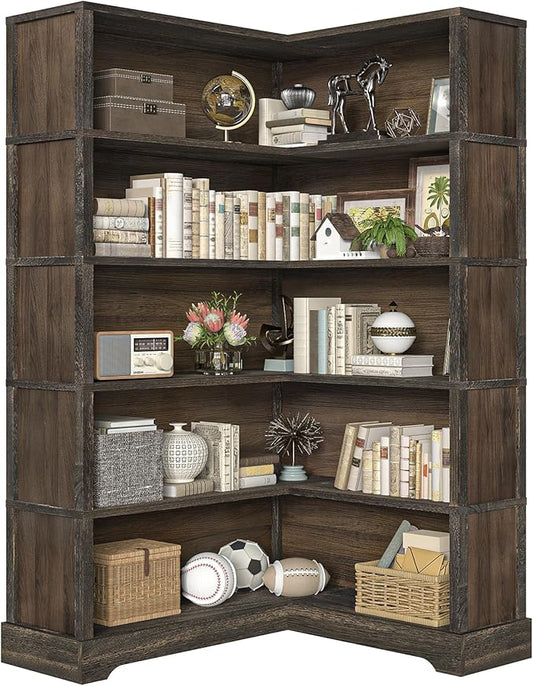 TVU Wood Corner Book Shelf, 5 Tier 65 Inch Tall Bookshelf with Storage, Floor Standing Display Book Shelf for Living Room, Kitchen, Home Office, Rustic Brown