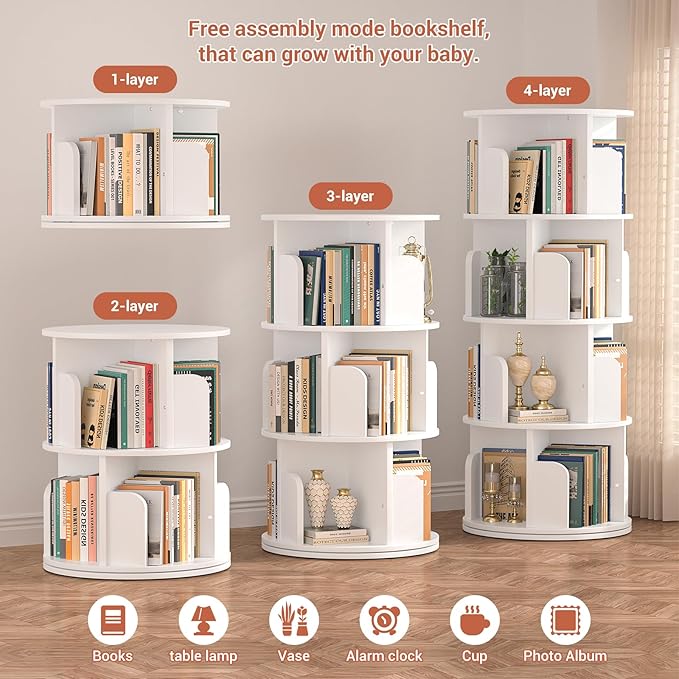 Rotating Bookshelf, Wood Corner Bookshelf, 360 Display Spinning Bookcase Storage Rack, 4 Tier Floor Standing Revolving Bookcase Narrow Book Shelf Organizer for Small Space, Bedroom, White