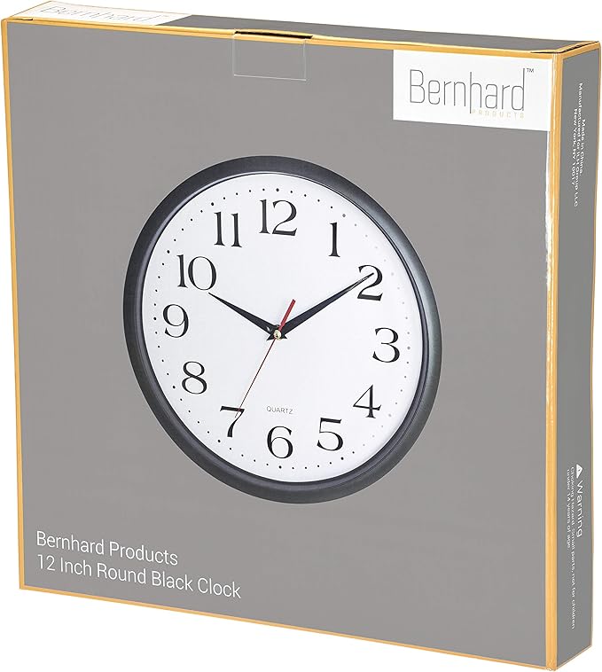 Bernhard Products Black Wall Clock Silent Non Ticking, 12 Inch Quality Quartz Battery Operated Round Easy to Read Home/Office/Kitchen/Classroom/School Clock Sweep Movement