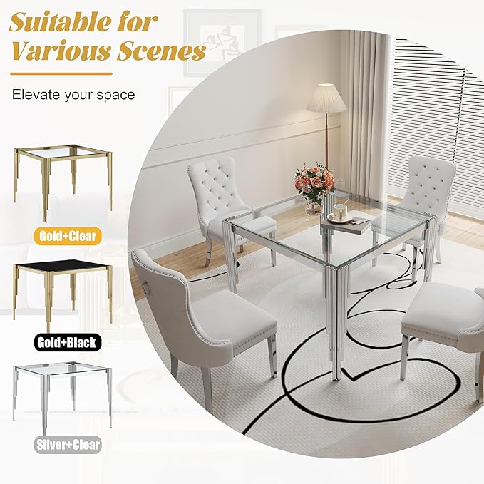 35" Square Glass Dining Table for 2-4, Modern Silver Tempered Glass Kitchen Table with Stainless Steel Legs for for Small Space, Kitchen, Living Room