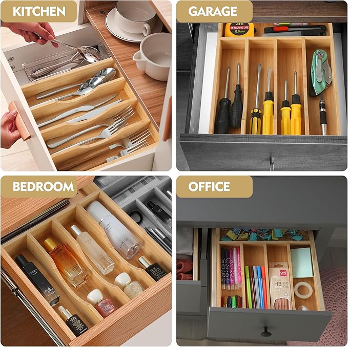 Bamboo Kitchen Drawer Organizer, 8.25 Inch Silverware Utensil Holder for Samll Drawer, Silverware Organizer for Cutlery Knives