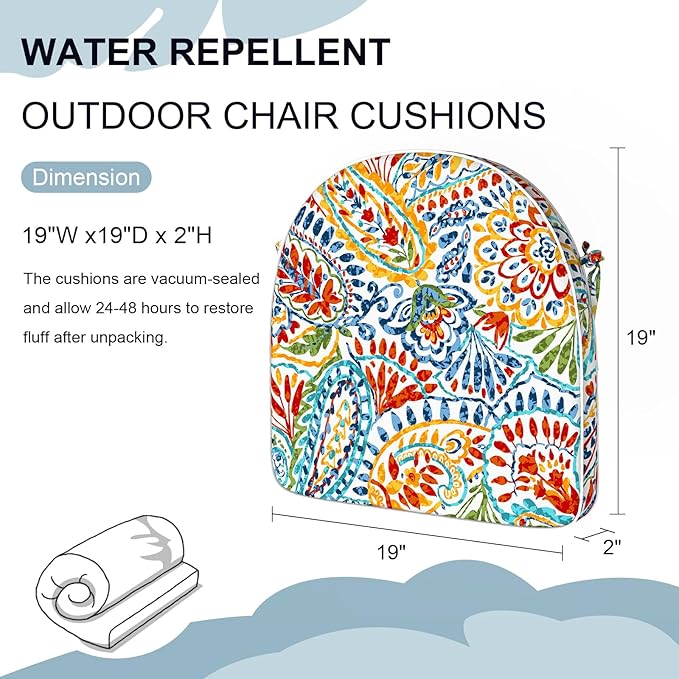 Set of 4 Outdoor Chair Cushions 19"x19"x2",Water Repellent Patio Seat Cushion with Ties and Removable Covers,Dining Chair Cushions for Indoor Kitchen Yard and Patio Furniture,Paisley Multi