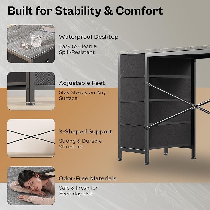 Huuger 55 Inch L Shaped Desk with Fabric Drawers, Reversible Computer Gaming Desk with Power Outlets and USB-C Port, Adjustable Side Storage Shelves, for Work Study Corner Home Office, Grey