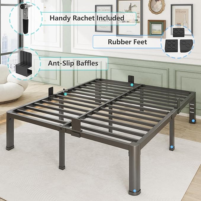 14 Inch California King Bed Frame with Rounded Corner and Headboard Hole Mattress Retainers 3500 lbs Heavy Duty Support Metal Platform Bed Frame Noise Free No Box Spring Needed Easy Assembly