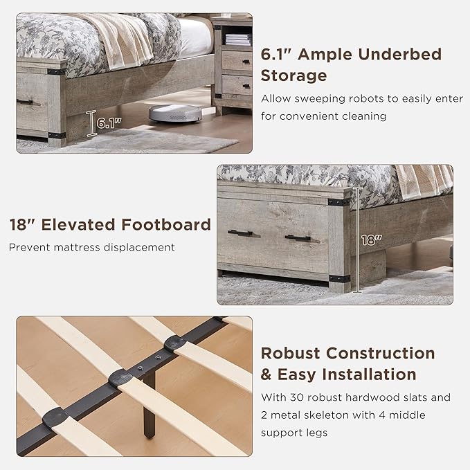 T4TREAM Farmhouse King Size Bed Frame with 54" Tall Geometric Headboard & 2 Large Storage Drawers, Rustic Wood Platform Bed with Wood Slats Support, No Box Spring Needed, Light Rustic Oak