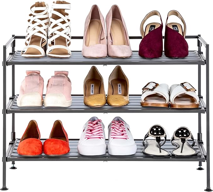 Seville Classics Sturdy Freestanding Storage Shelf for Bedroom, Closet, Entryway, Dorm Room Organizer Stackable Durable Metal Shoe Rack Silver Mist Slat, 3-Tier