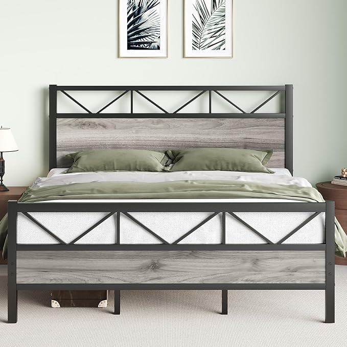 King Size Bed Frame with 51.2" Tall Headboard, Platform Bed Frame with Metal Support, Solid and Stable, Noise Free, No Box Spring Needed, Wash Grey