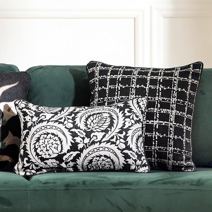 Black Throw Pillow Covers Set of 4,Elegant French with White Floral Pattern Throw Pillow Cases,Decorative Square Lumbar Pillows for Couch Sofa Bed Chair Cushion Covers Living Room