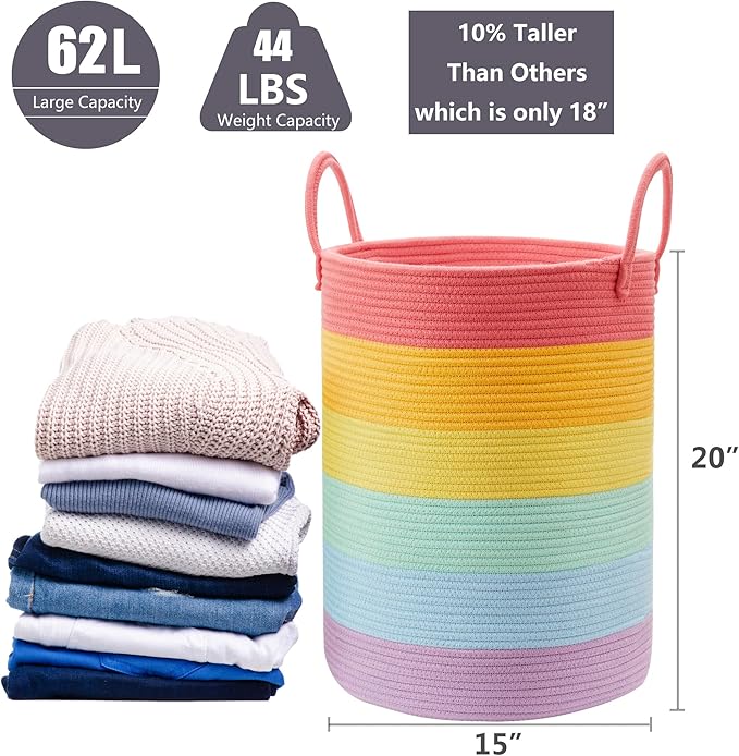 20 Inches Rainbow Baby Girls Kids Hamper Laundry Basket for Nursery Toddler Clothes Blanket Toy Storage Woven Rope Unicorn Hamper in Playroom Bedroom Large