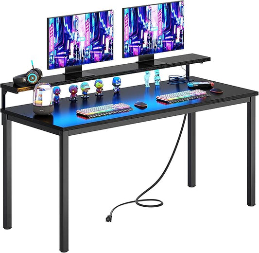 Need 60 inch Computer Desk with LED Lights & Power Outlets, Large Home Desk with Monitor Shelf, Writing Table Gaming Desk Home Office Desk, Black