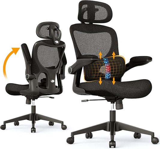 SUNNOW Ergonomic Office Chair, Comfy Mesh Desk Chair, High Back Computer Gaming Chairs with Adjustable Lumbar Support, Flip-Up Arms, Headrest, Tilt Function, Wide Cushion, Swivel Wheel, BIFMA Quality