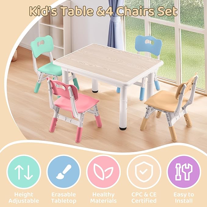 Kids Table and 4 Chairs Set, Height-Adjustable Toddler Table and Chairs with Graffiti Desktop, 31.5''L x 23.6''W Children Activity Table for Daycare, Classroom, Home