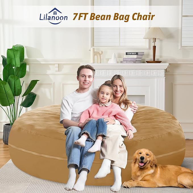 7FT Bean Bag Chair with Ultra Soft Velvet Cover Bean Bag Sofa with Memory Foam Bean Bag Chairs with Large Size Lazy Sofa for Dorm Office Living Room Bedroom Camel 7'