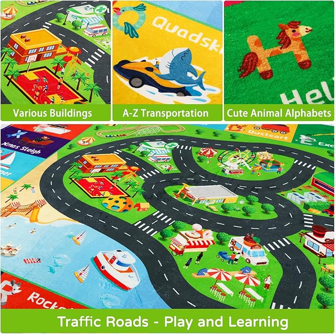 Kids Rugs Traffic Road Carpet Play Rug 78.7"×59" for Playroom Transportation ABC Educational Mat Alphabet Area Rug, Kids Playtime Collection Toddler Car Track Rug Cute Cartoon Animal Letters