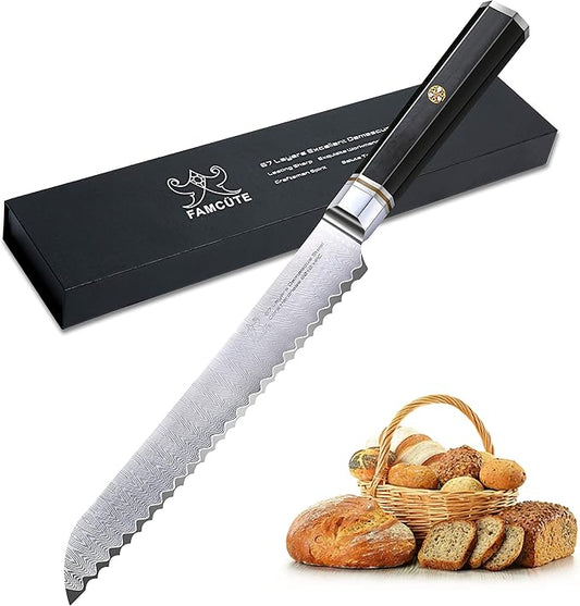 8" Serrated Bread Knife, Made of 67 Layers Damascus w/Octago Indonesian Ebony Handle Professional Cuts Thick Loaves Effortlessly have Razor Sharp and Superb Edge Retention