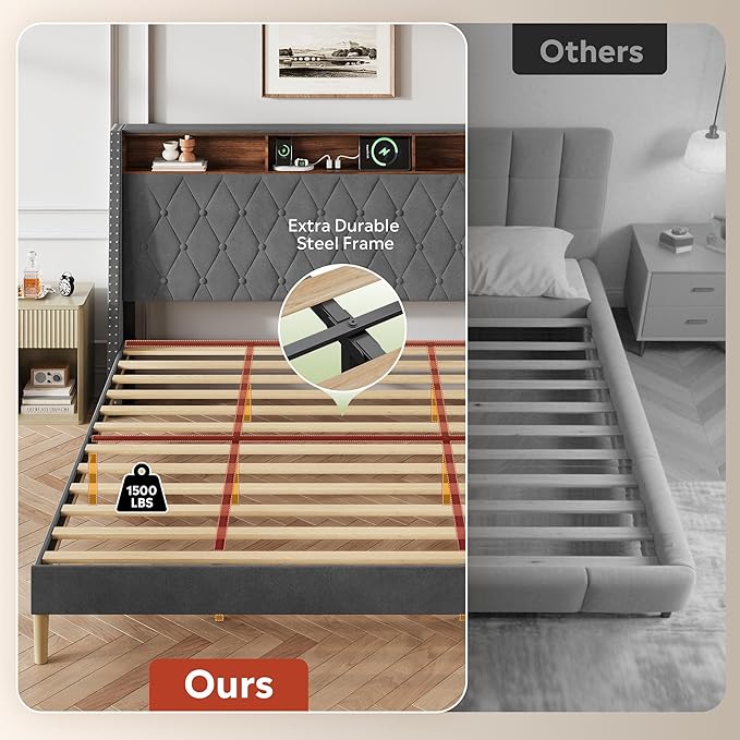 WLIVE King Size Upholstered Bed Frame with Storage Headboard, Velvet Square Tufted Platform Bed with Charging Station, Sturdy Metal & Wooden Slats Support, No Box Spring Needed, Grey