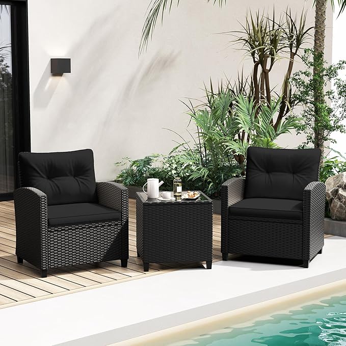 Tangkula 3 Piece Patio Furniture Set, Rattan Conversation Set w/Soft Seat & Back Cushions, Tempered Glass Topped Coffee Table, Cushioned Wicker Seating Set for Backyard, Porch, Poolside (Black)