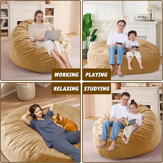 7FT Bean Bag Chair with Ultra Soft Velvet Cover Bean Bag Sofa with Memory Foam Bean Bag Chairs with Large Size Lazy Sofa for Dorm Office Living Room Bedroom Camel 7'