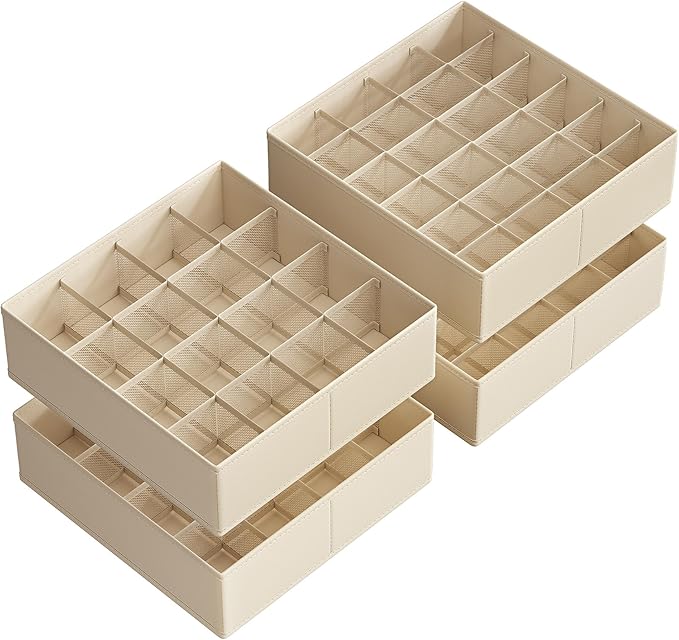 SONGMICS Set of 4 Underwear Organizers, Drawer Organizers, Dresser Closet Storage, 80 Cells (2x16+2x24), Foldable Dividers, 11.8 x 11.8 x 3.9 Inches, for Socks, Ties, Belts, Summer Sand URUS011K01