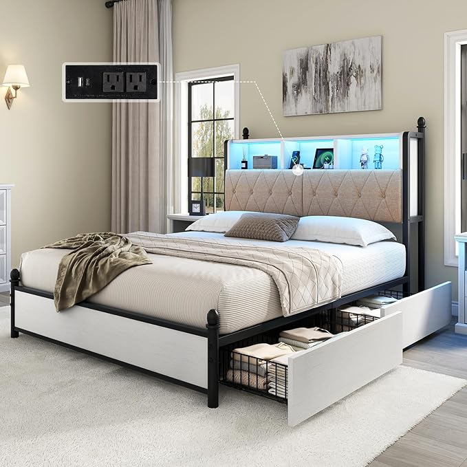 AMERLIFE Full Size Bed Frame with Bookcase Headboard and 4 Storage Drawers, Wooden Platform Bed with Charging Station and LED Light, No Box Spring Needed/Noise-Free, White