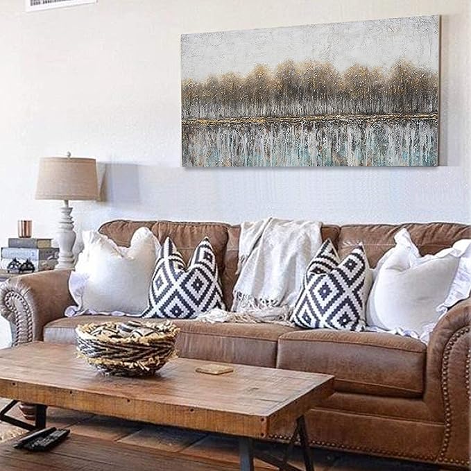 NdcSkyAr Large Oversized Tree Farmhouse Wall Art Neutral Rustic Painting Glitter Gray Brown Birch Canvas Prints for Living Room Bedroom Sofa Decor Framed