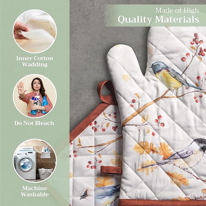 Maison d' Hermine 100% Cotton Oven Mitt & Pot Holder Set (7.5"x13" & 8"x8") Heat Resistant BBQ Cooking Gloves with Loop for Thanksgiving Christmas Decorations Handling Hot Pans (Oak Leaves)