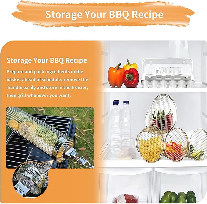 Rolling Grill Baskets (2PCS), 304 Stainless Steel, Silver, Round, Perfect for Veggies, Shrimp, Meats, Father's Day Gift