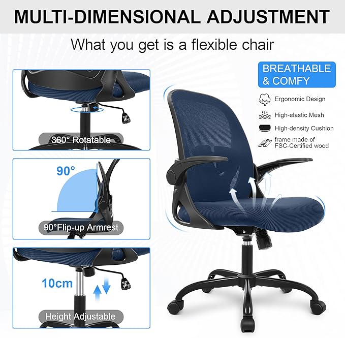Primy Office Chair Ergonomic Desk Chair with Flip up Armrests Swivel Breathable Desk Mesh Computer Chair with Adjustable Lumbar Support and Height for Conference Room (Navy)