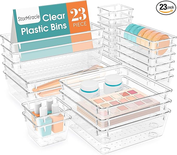 23 PCS Drawer Organizer Set, 5 Varied Size Bathroom and kitchen Drawer cabinet organizer Trays, Clear Storage Bins for Makeup, Jewelry, Utensils and Gadgets