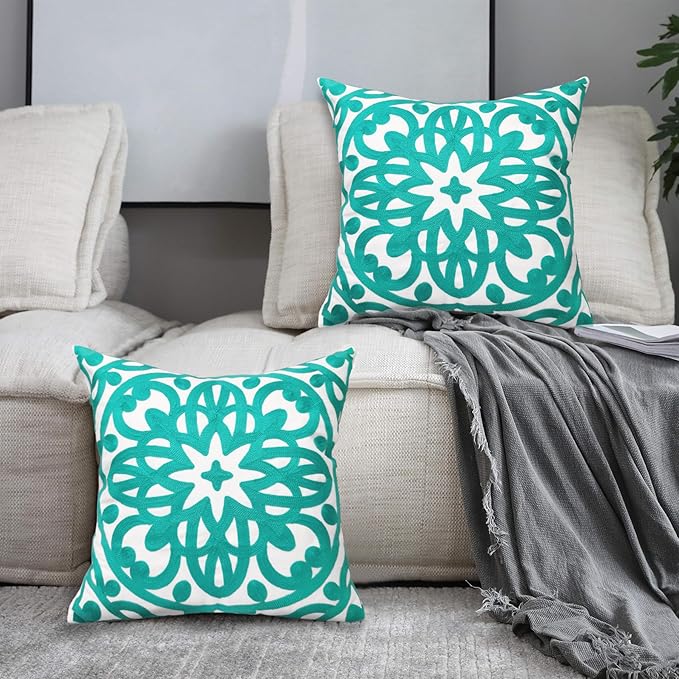 Alysheer Floral Embroidered Fall Decorative Throw Pillow Cover 18"x 18" Set of 2, Boho Mandala Embroidery Turquoise Green Patterned Cushion Case for Sofa Couch Living Room Bedroom Outdoor