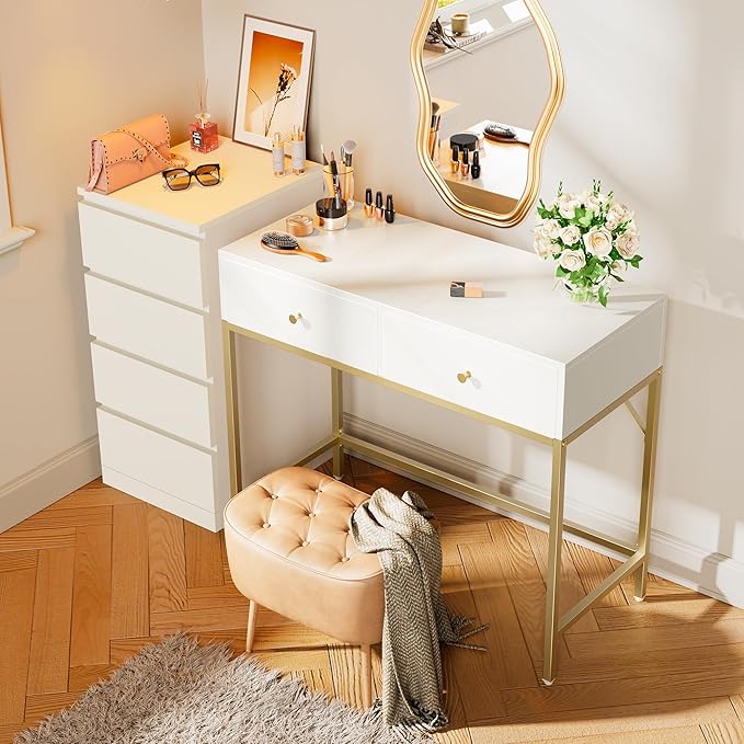 SUPERJARE 39.4" White and Gold Desk with 2 Drawers, Modern Makeup Vanity Desk, Small Computer Desk Home Office Desk for Writing Study Bedroom