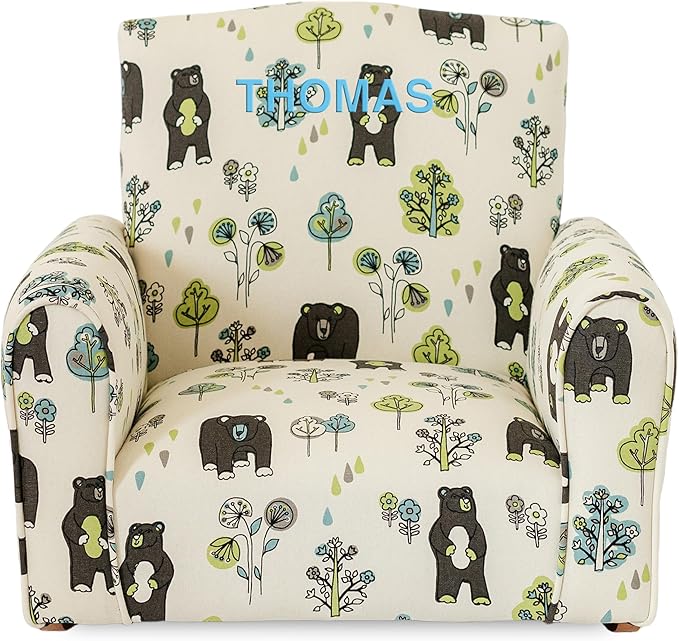Toddler Personalized Armchair, Kids Upholstered Rocking Chair with Personalization, Toddler Chair with Personalized Name, Comfy Child Armchair, (Bears & Trees Print, Rockers)