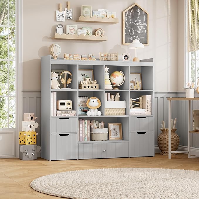 HORSTORS 48" W Kids Toy Storage Organizer, Large Toy Storage Chest with Removable Bins, 46" H Kids Bookshelf and Bookcase with Drawers for Boys and Girls, Modern Toy Box for Playroom, Classroom, Grey