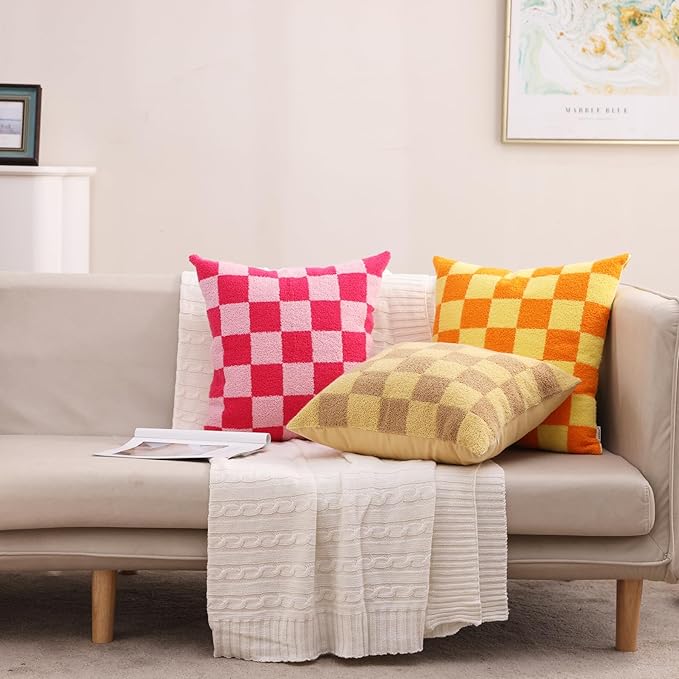 Alysheer Checkered Embroidered Decorative Throw Pillow Covers 18"x 18" Set of 2, Farmhouse Cottage Hot Pink Plaid Tufted Patterned Cotton Canvas Cushion Case for Sofa Couch Bed Living Room